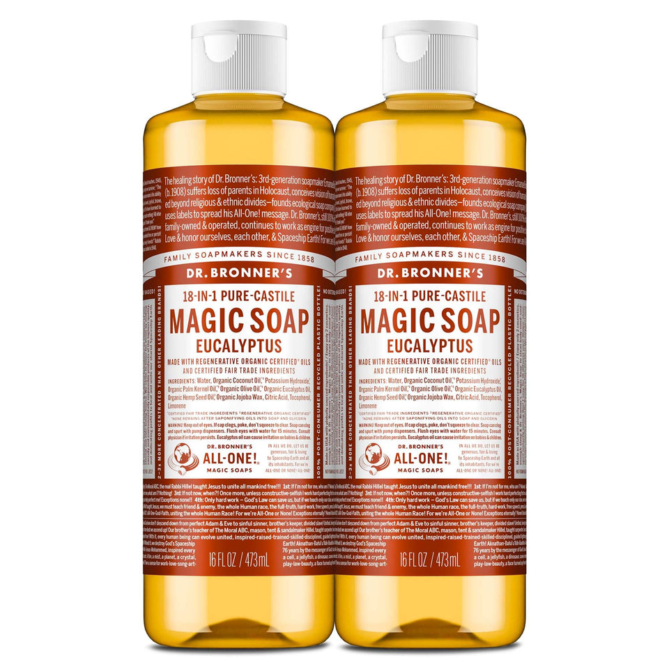 Dr. Bronner's eucalyptus front packaging showing brand and 2-pack convenience