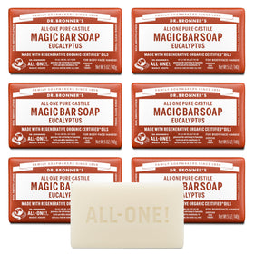 Dr. Bronner's front packaging shows six eucalyptus soap bars and recyclable wrap benefits