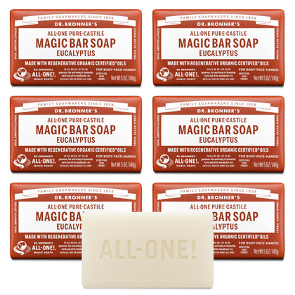 Dr. Bronner's front packaging shows six eucalyptus soap bars and recyclable wrap benefits