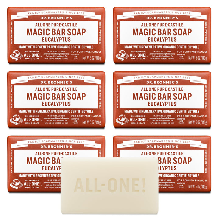 Dr. Bronner's front packaging shows six eucalyptus soap bars and recyclable wrap benefits