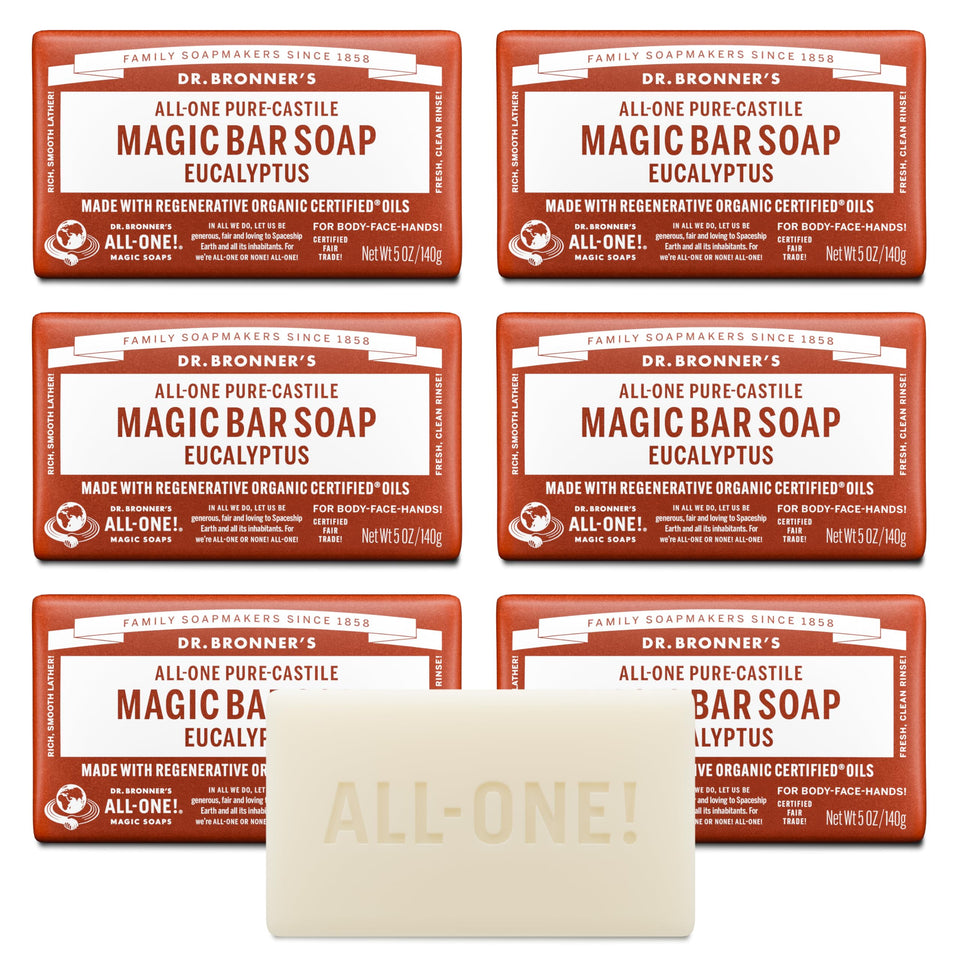Dr. Bronner's front packaging shows six eucalyptus soap bars and recyclable wrap benefits