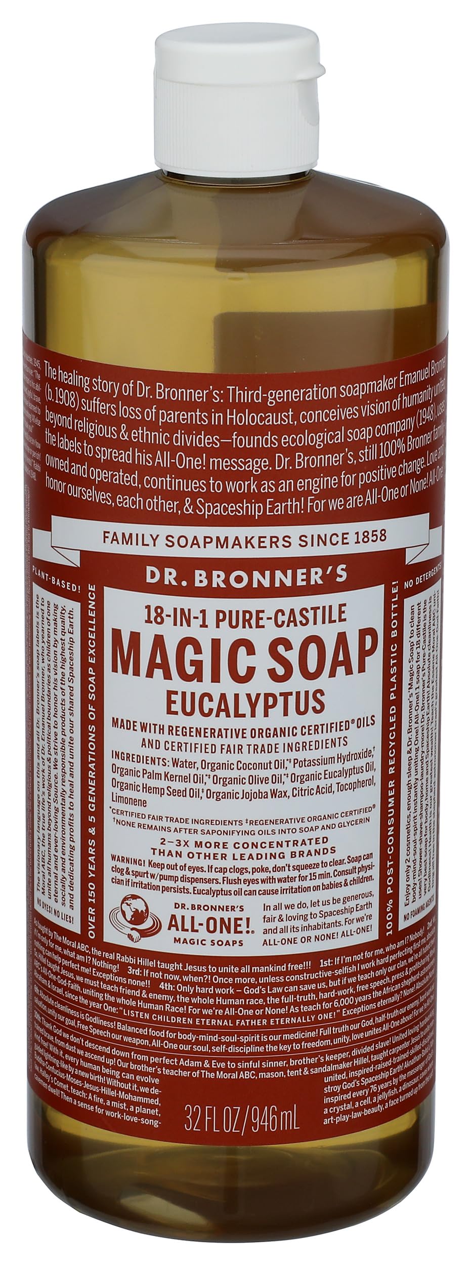 Dr. Bronner's front packaging showing eucalyptus label and size benefit