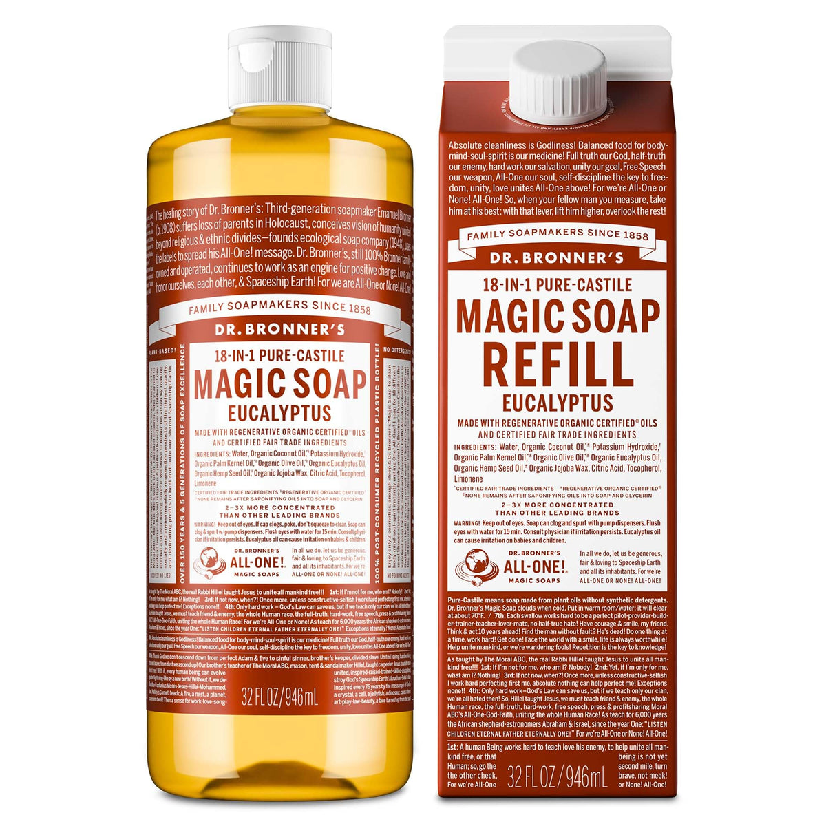 Dr. Bronner's front packaging showing eucalyptus bottle and refill, highlighting eco value
