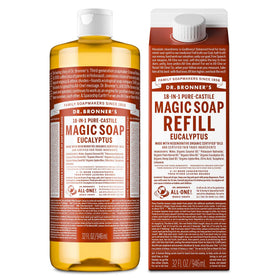 Dr. Bronner's front packaging showing eucalyptus bottle and refill, highlighting eco value