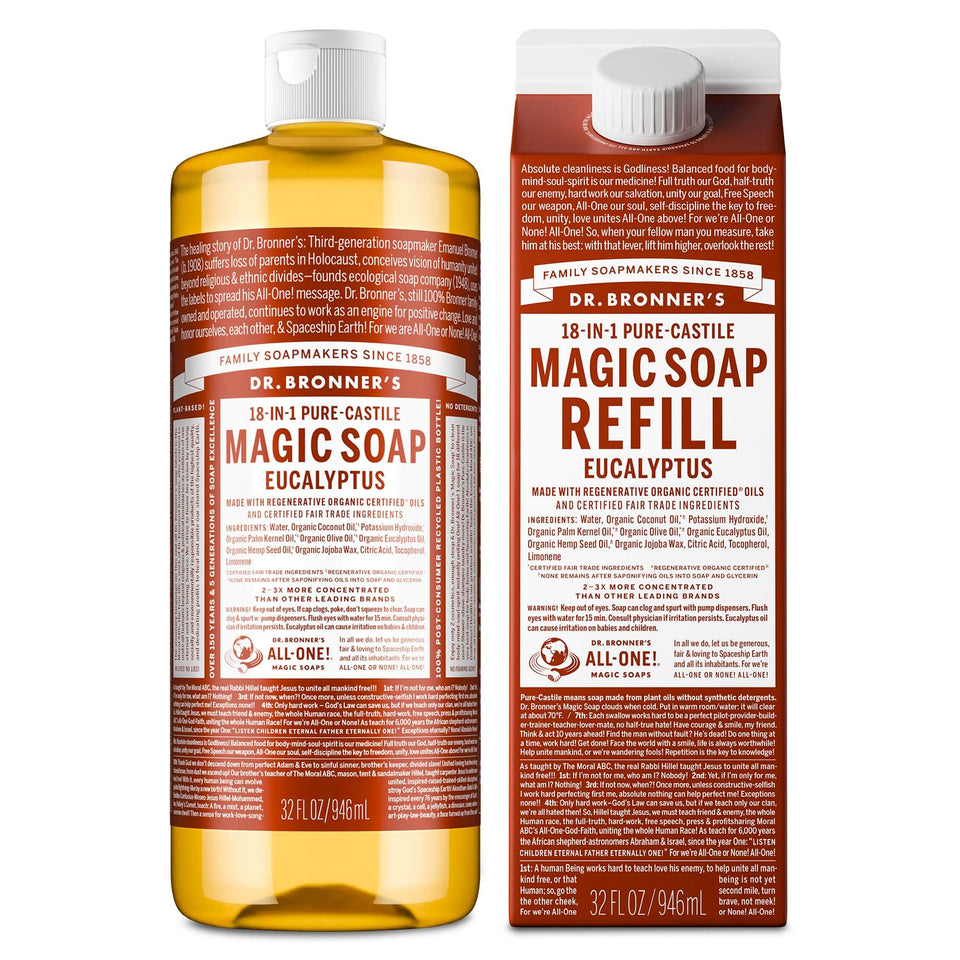 Dr. Bronner's front packaging showing eucalyptus bottle and refill, highlighting eco value