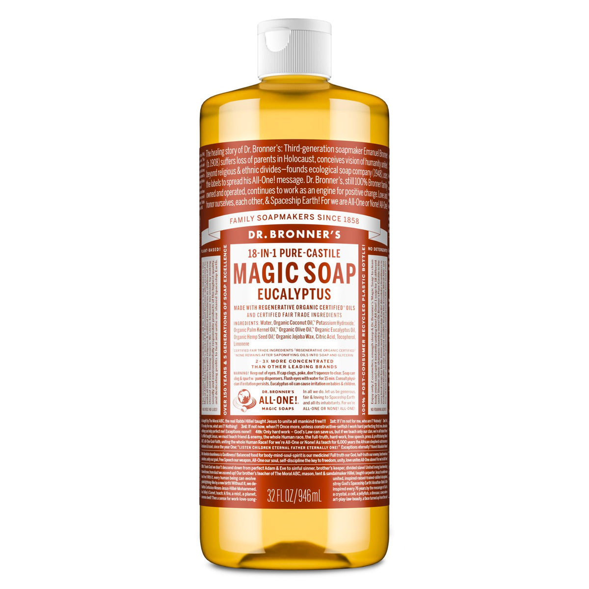 Dr. Bronner's eucalyptus front packaging shows clear label and size benefits