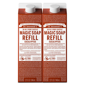 Dr. Bronner's eucalyptus front packaging showing two 32oz refill cartons and eco benefit