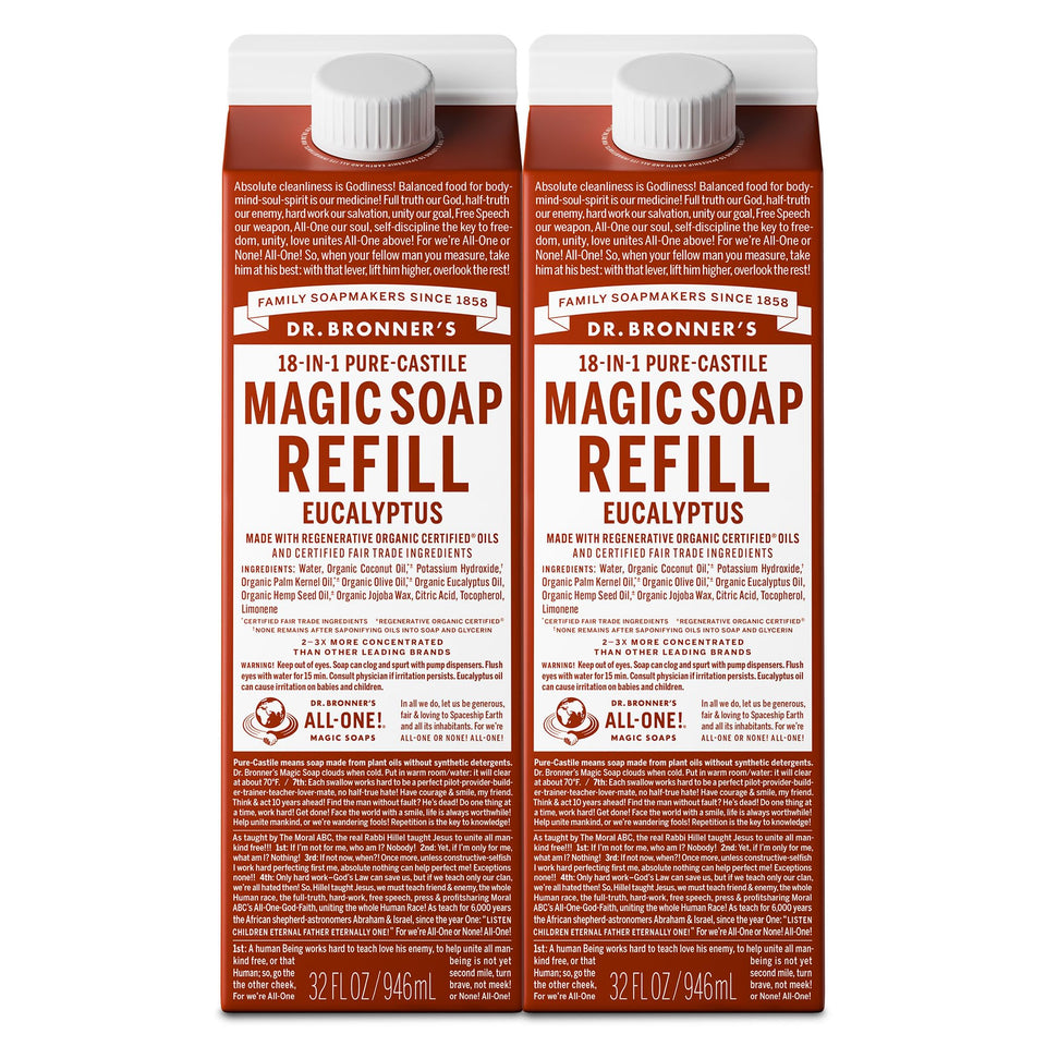 Dr. Bronner's eucalyptus front packaging showing two 32oz refill cartons and eco benefit