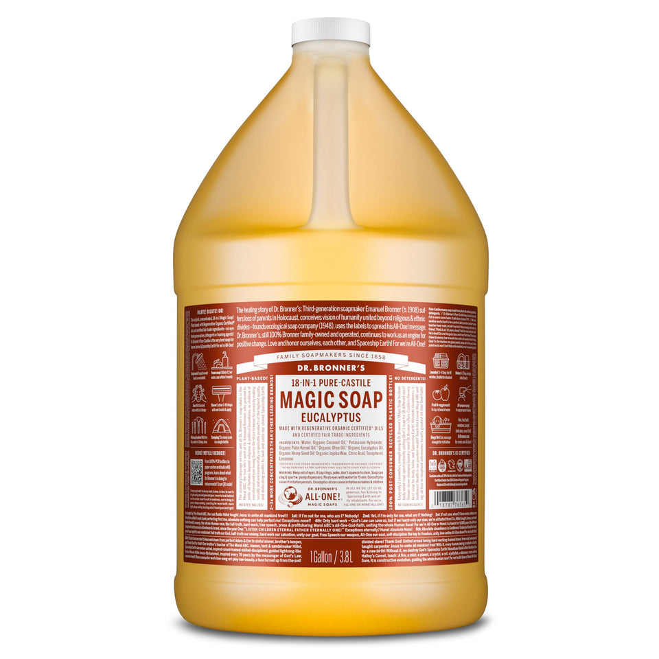 Dr. Bronner's eucalyptus gallon front label showing product benefits