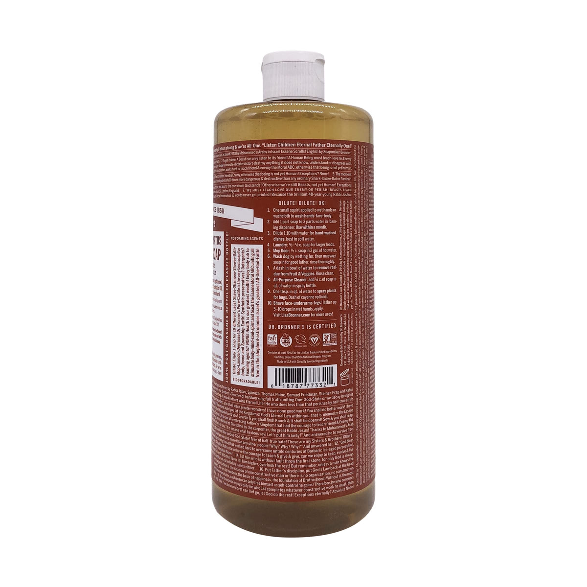 Close-up of Dr. Bronner's label highlighting organic and fair trade ingredients