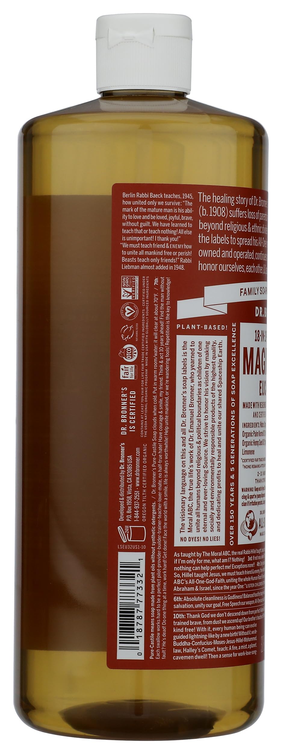32 fl oz Dr. Bronner's bottle next to ruler showing size and refill value