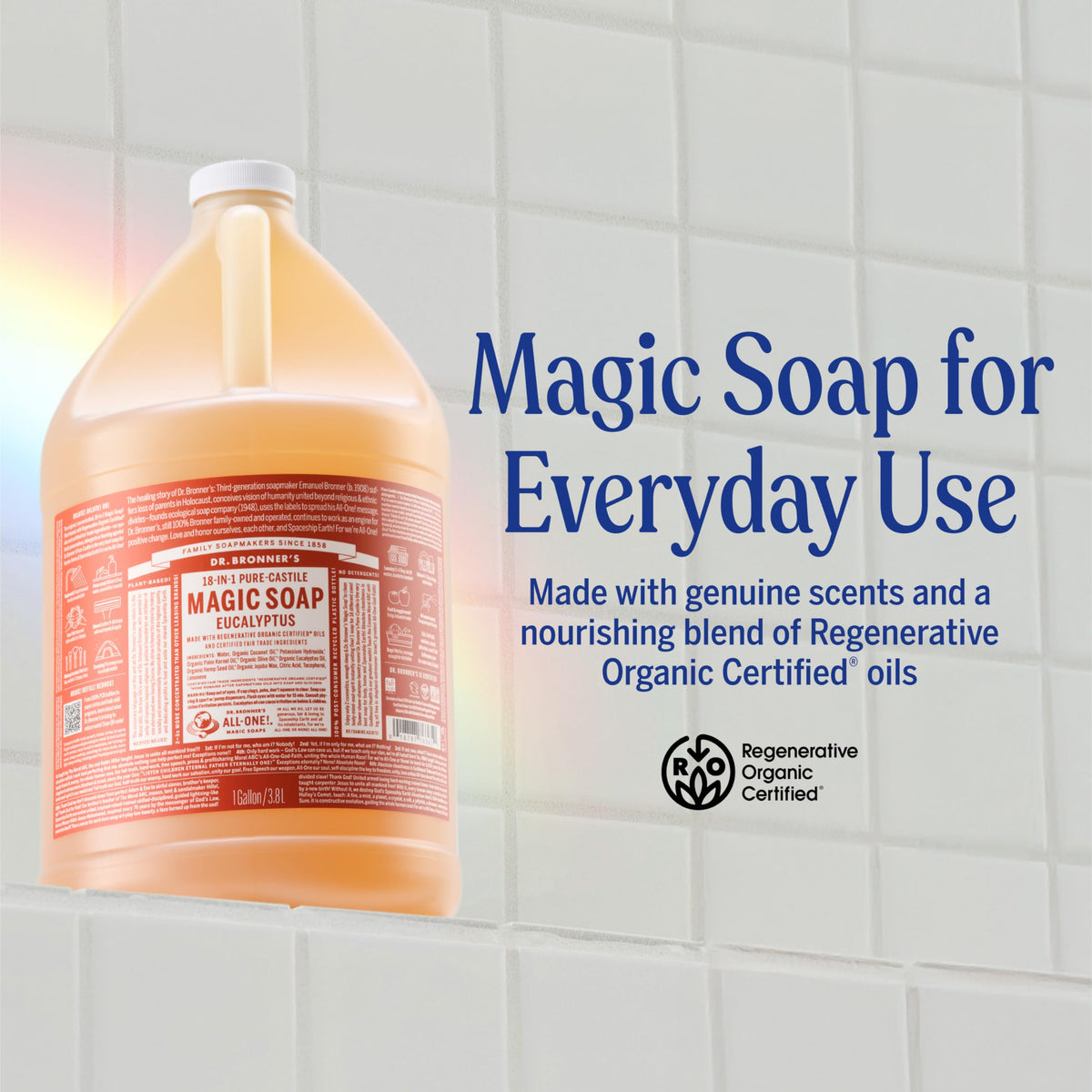 Dr. Bronner's eucalyptus soap being poured and creating rich lather