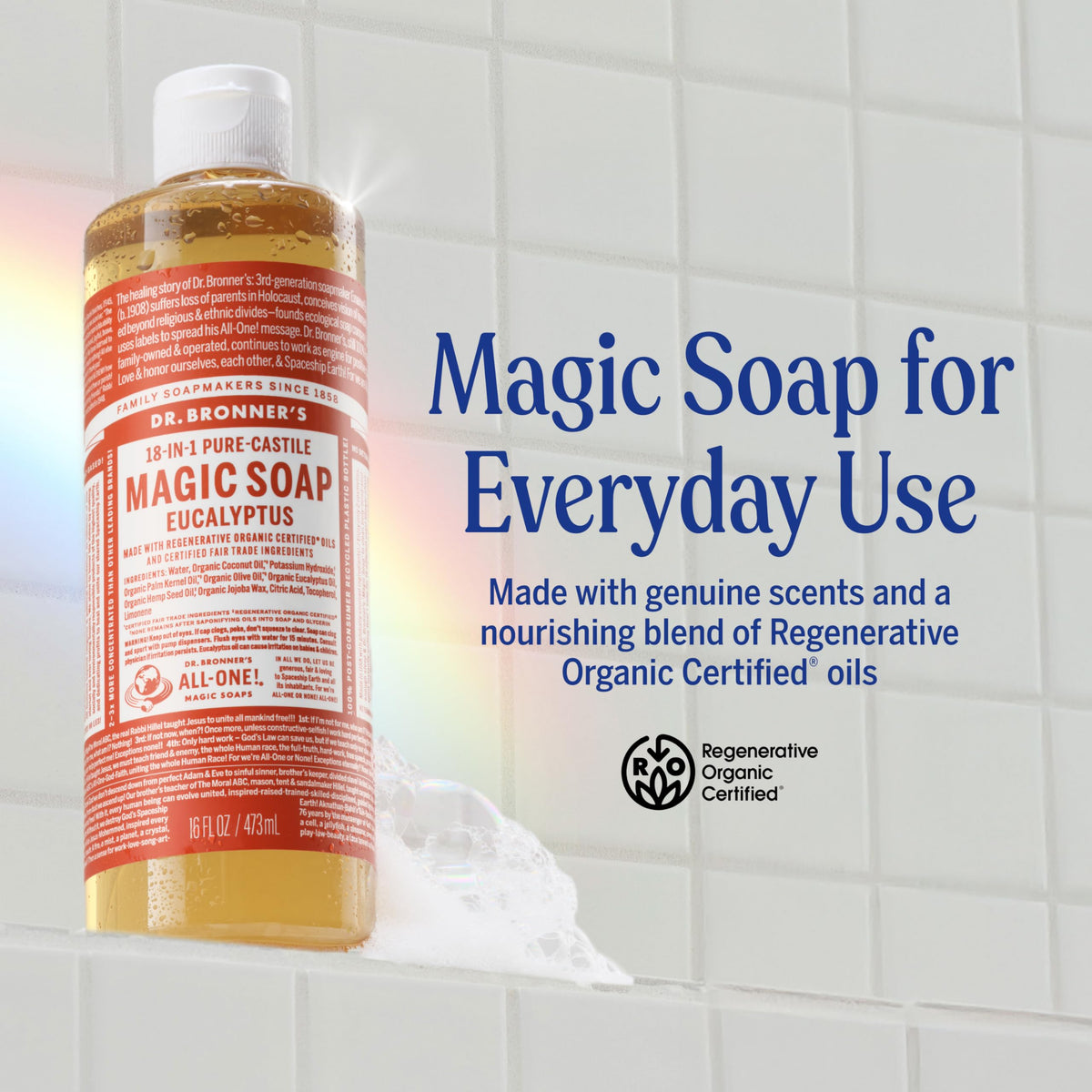 Dr. Bronner's eucalyptus soap pouring from bottle illustrating concentrated formula