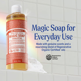 Dr. Bronner's eucalyptus soap pouring from bottle illustrating concentrated formula