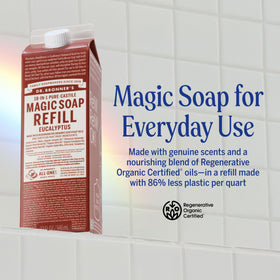 Dr. Bronner's pump bottle close-up showing dispenser and easy controlled pours benefit