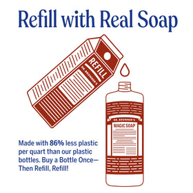 Dr. Bronner's refill carton standing upright, brand visible and waste-reduction benefit
