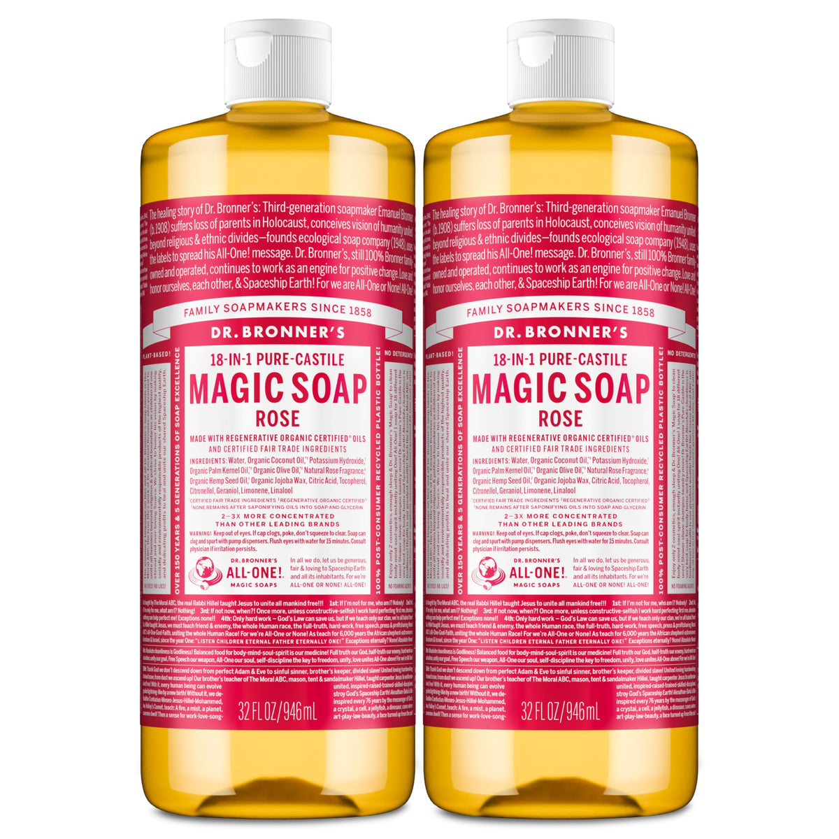 Dr. Bronner's front bottle showing rose label and clear brand benefits