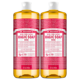 Dr. Bronner's front bottle showing rose label and clear brand benefits