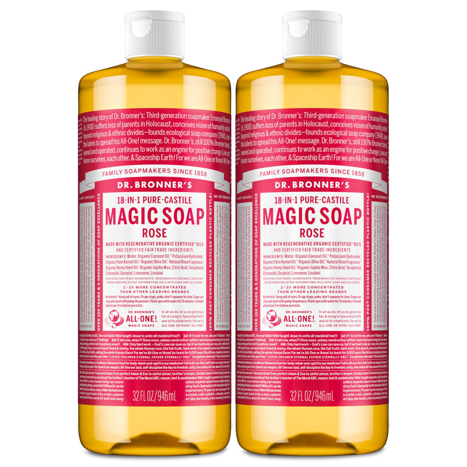 Dr. Bronner's front bottle showing rose label and clear brand benefits