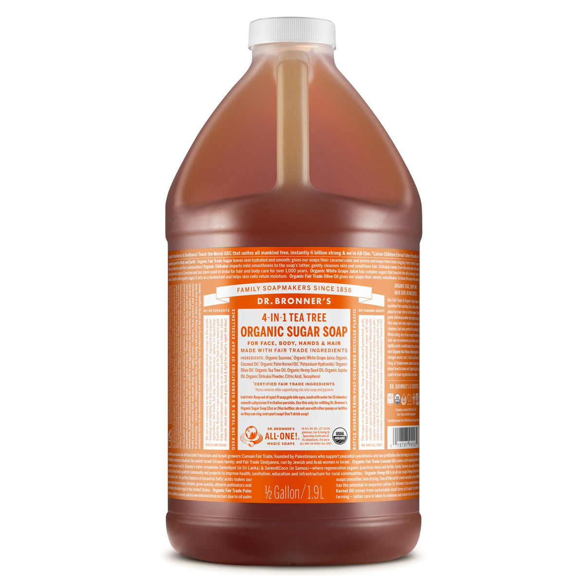 Dr. Bronner's front bottle showing label and size for clear identification and value
