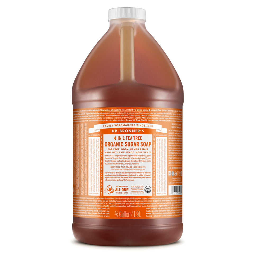 Dr. Bronner's front bottle showing label and size for clear identification and value