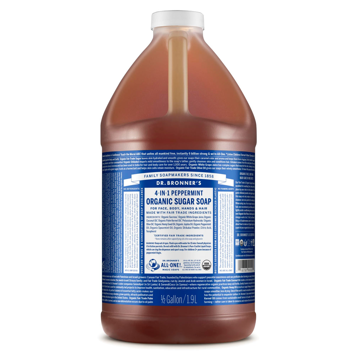 Dr. Bronner's front label showing peppermint 64 oz and benefit of multi-use cleanser