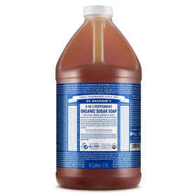 Dr. Bronner's front label showing peppermint 64 oz and benefit of multi-use cleanser
