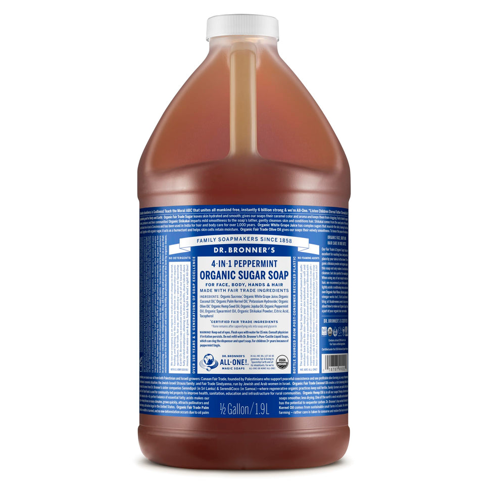 Dr. Bronner's front label showing peppermint 64 oz and benefit of multi-use cleanser