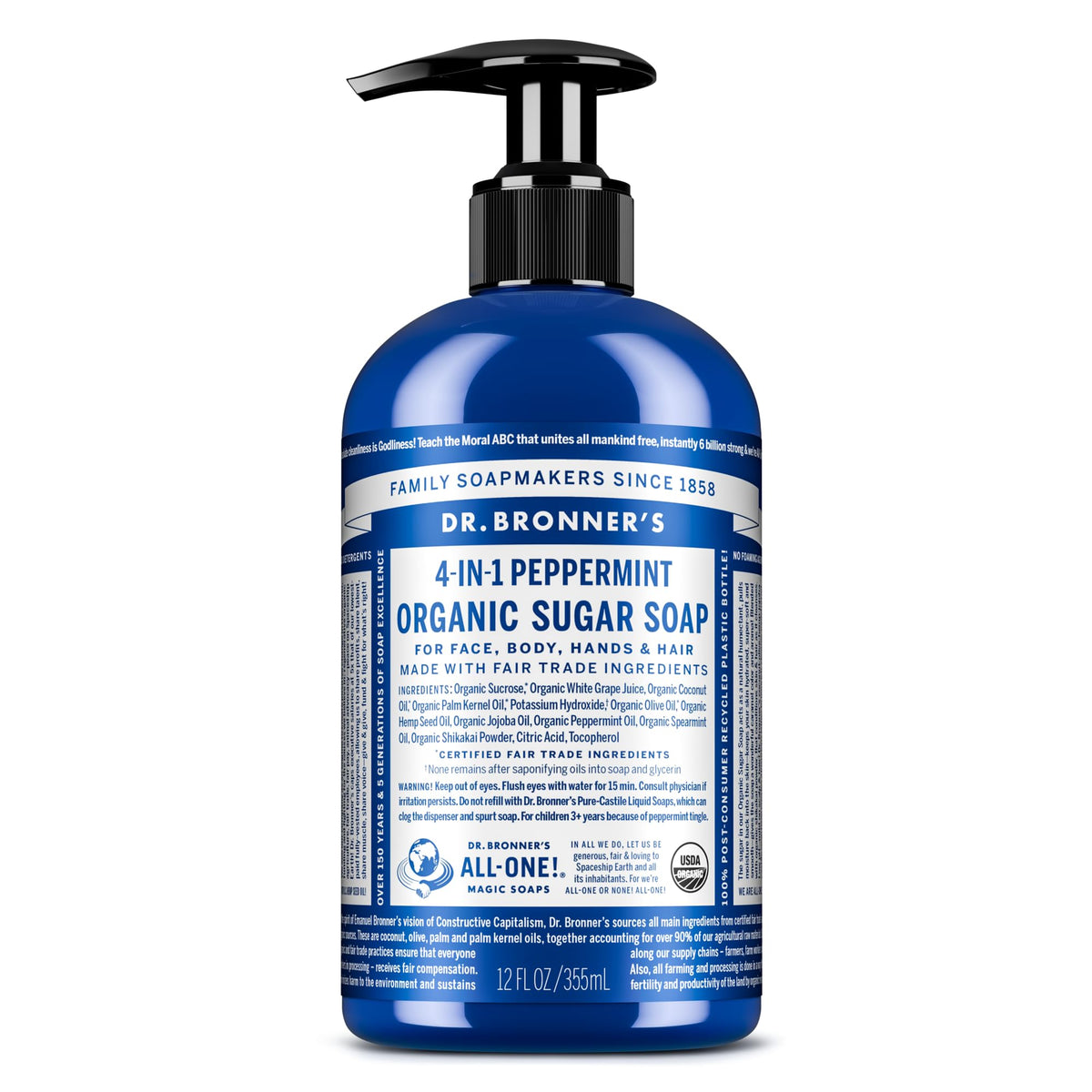 Dr. Bronner's front packaging peppermint 12 oz displaying label and bottle benefit clarity