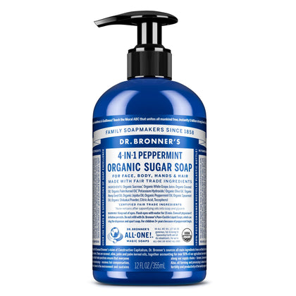 Dr. Bronner's front packaging peppermint 12 oz displaying label and bottle benefit clarity