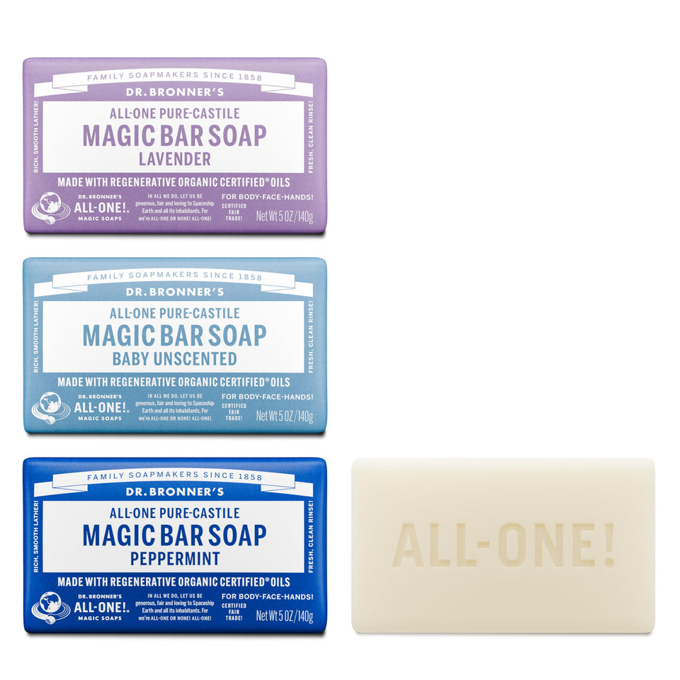 Dr. Bronner's front packaging showing three soap bars and variety benefits