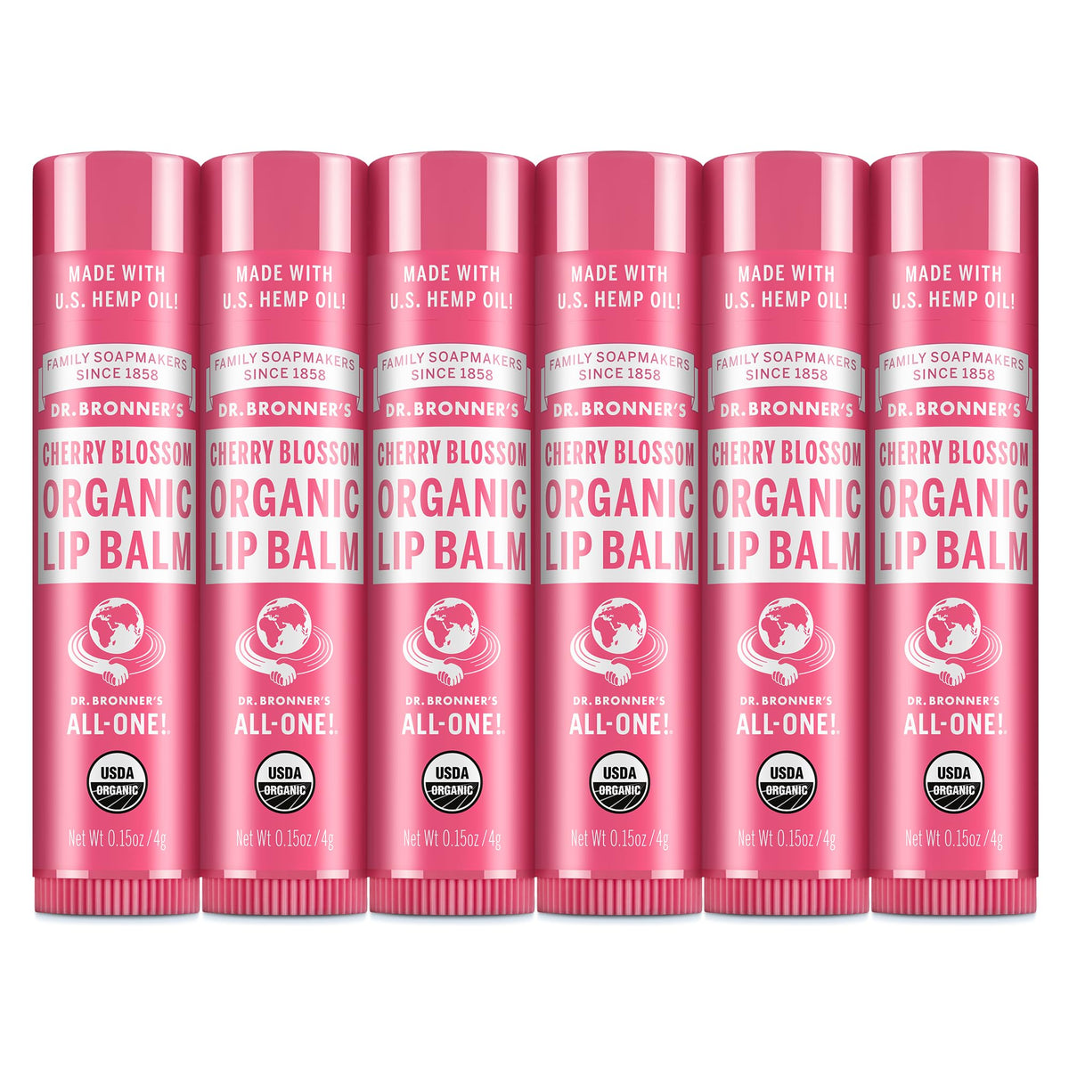 Dr. Bronner's front packaging showing six Cherry Blossom tubes and convenience