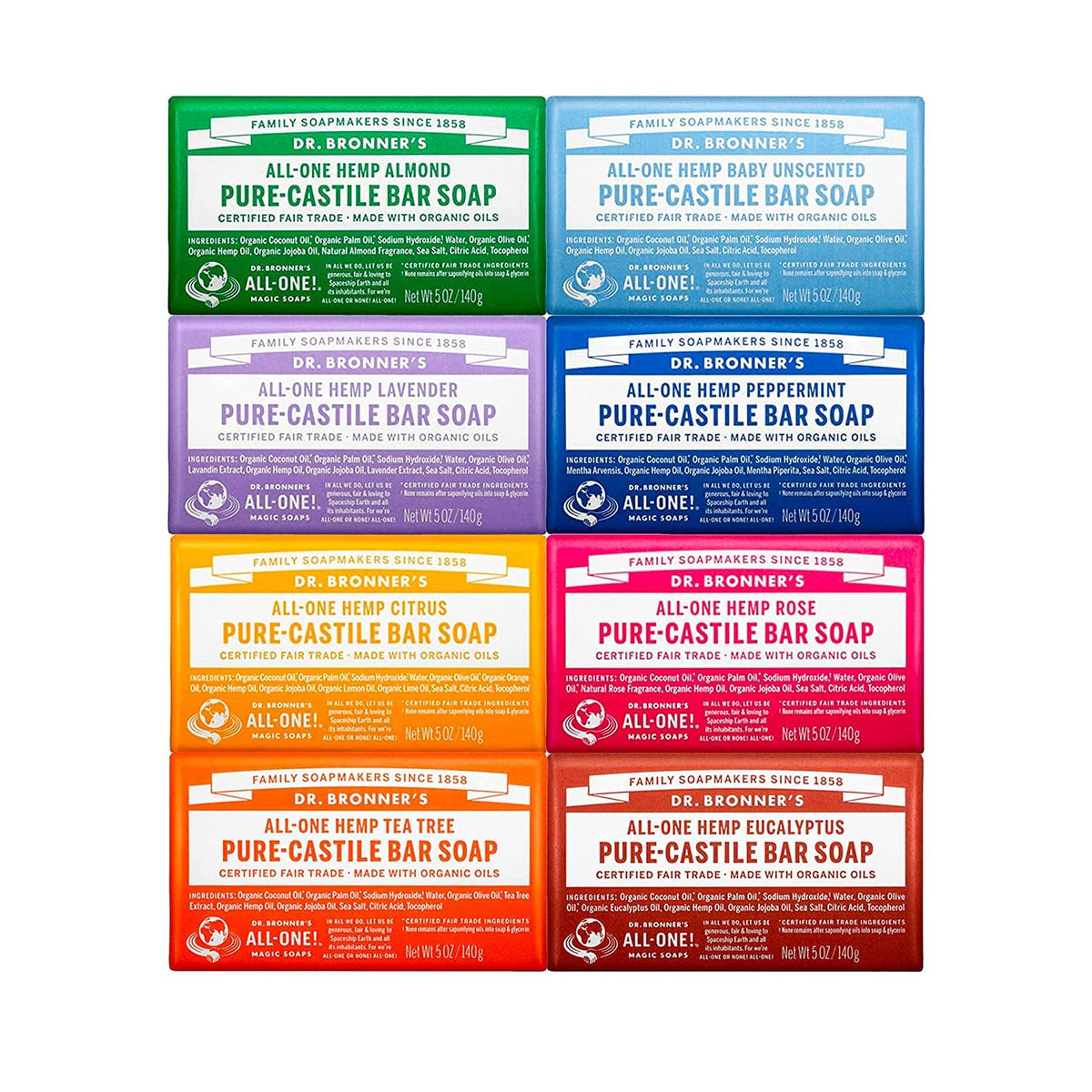Dr. Bronner's front packaging variety pack showing all eight bars and labels benefits