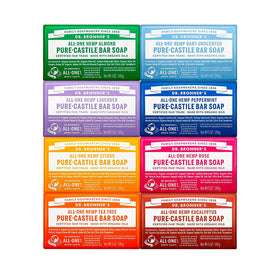 Dr. Bronner's front packaging variety pack showing all eight bars and labels benefits
