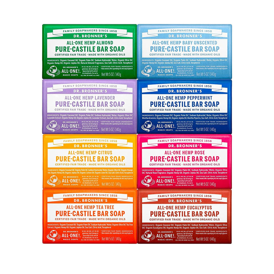 Dr. Bronner's front packaging variety pack showing all eight bars and labels benefits