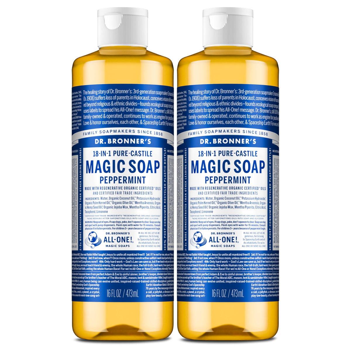 Dr. Bronner's front packaging showing peppermint two-bottle set and sustainable benefit
