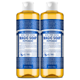 Dr. Bronner's front packaging showing peppermint two-bottle set and sustainable benefit