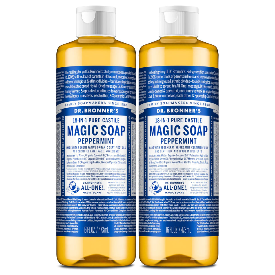 Dr. Bronner's front packaging showing peppermint two-bottle set and sustainable benefit