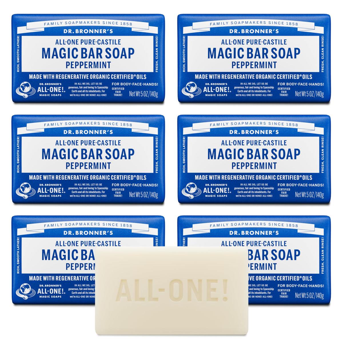 Dr. Bronner's front packaging showing six peppermint bars and product clarity benefit