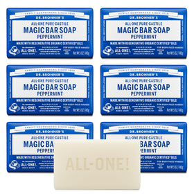 Dr. Bronner's front packaging showing six peppermint bars and product clarity benefit