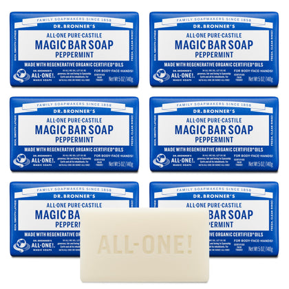 Dr. Bronner's front packaging showing six peppermint bars and product clarity benefit