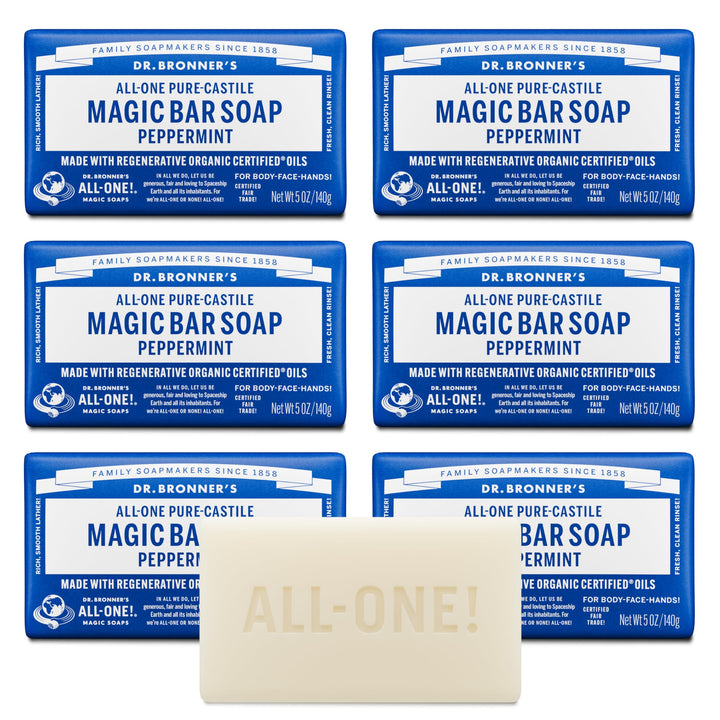 Dr. Bronner's front packaging showing six peppermint bars and product clarity benefit