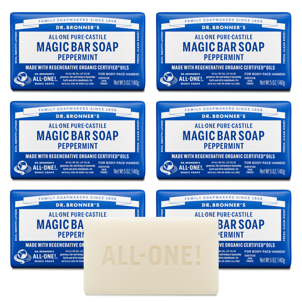 Dr. Bronner's front packaging showing six peppermint bars and product clarity benefit