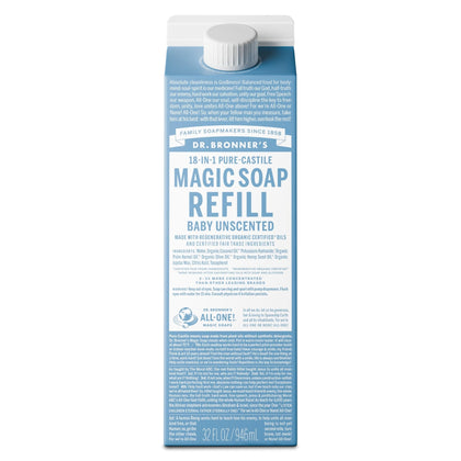 Dr. Bronner's front packaging showing 32oz refill and low-plastic benefit
