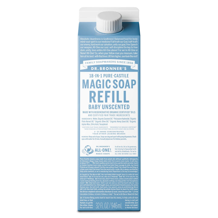 Dr. Bronner's front packaging showing 32oz refill and low-plastic benefit