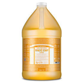 Dr. Bronner's gallon front label showing product and citrus benefit