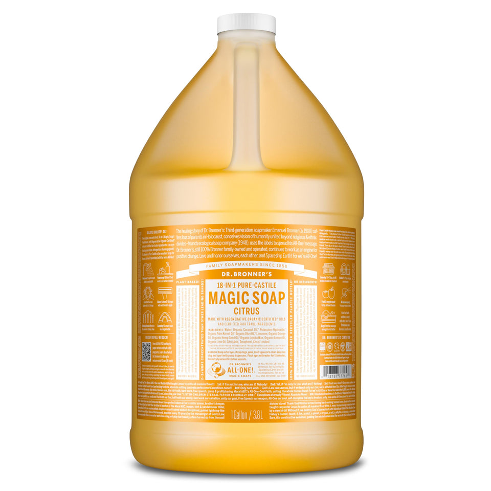 Dr. Bronner's gallon front label showing product and citrus benefit