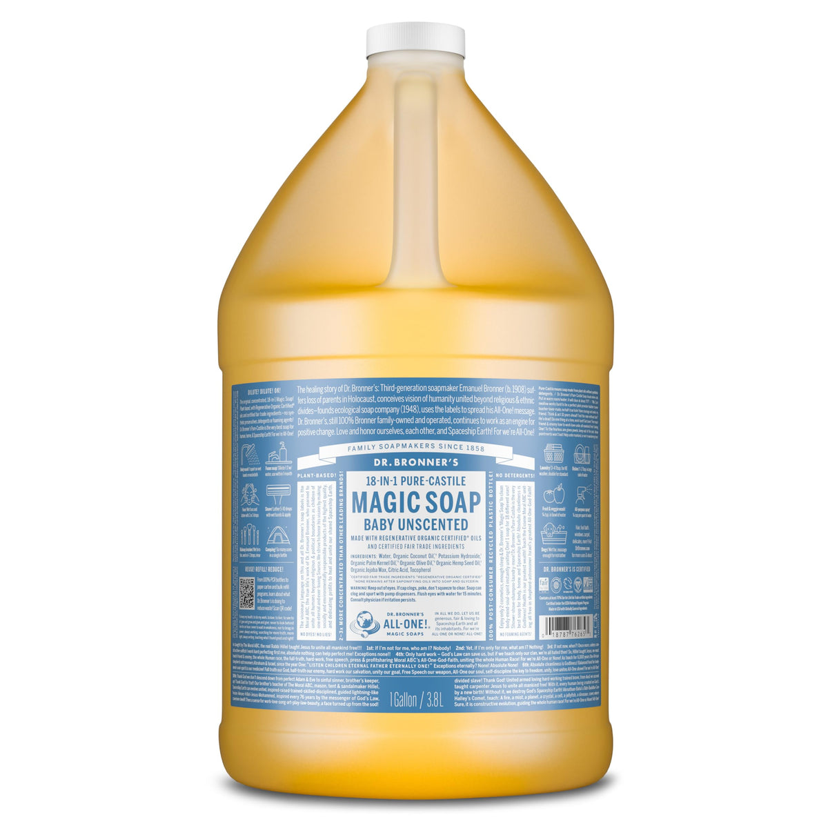 Dr. Bronner's gallon front view showing label and size benefit: clear product choice