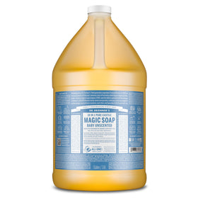 Dr. Bronner's gallon front view showing label and size benefit: clear product choice