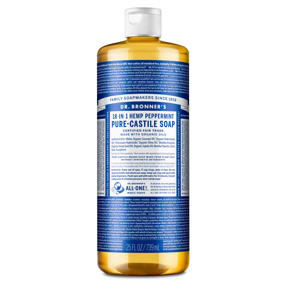 Dr. Bronner's hemp peppermint front label showing organic certifications and size
